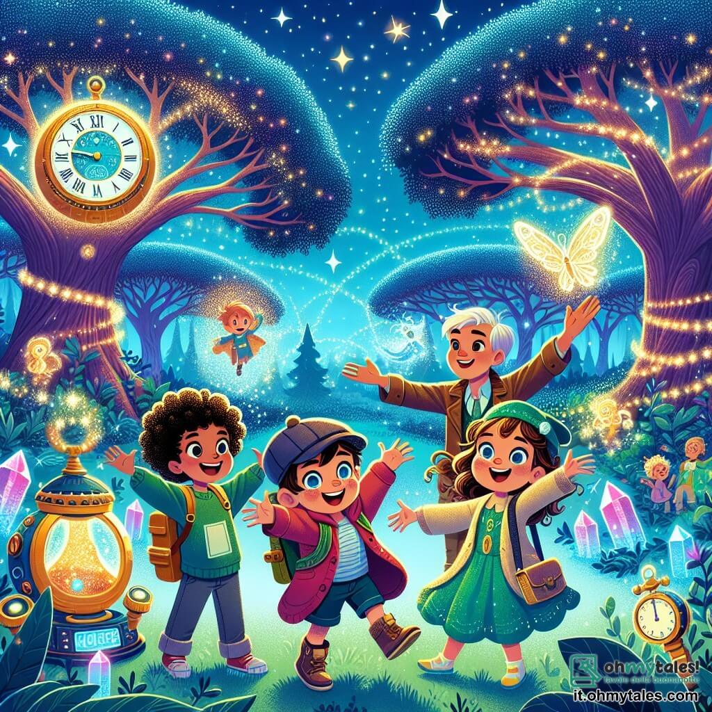 Illustrazione che rappresenta un parco incantato di Luciluna, dove alberi giganti con foglie luminose brillano in una palette di colori vivaci, illuminando un cielo stellato. Al centro della scena, quattro giovani amici sono insieme: un ragazzo di circa 8 anni, con capelli ricci e una camicia rossa, sorride felicemente; una ragazza di 7 anni, con capelli lunghi e biondi, indossa un vestito blu e alza le braccia con entusiasmo; un ragazzo di 9 anni, con occhiali e un cappellino, tiene un quaderno giallo e guarda attentamente; e una ragazza di 8 anni, con capelli castani e un abito verde, è pronta ad azionare un pulsante su una macchina del tempo brillante e futuristica. La scena principale mostra i bambini mentre costruiscono la loro macchina del tempo, circondati da cristalli colorati e piccoli robot cantanti, mentre un elfo luminoso li osserva con un sorriso benevolo. Stelle scintillanti e bagliori di magia fluttuano attorno a loro, creando un'atmosfera di mistero e avventura.