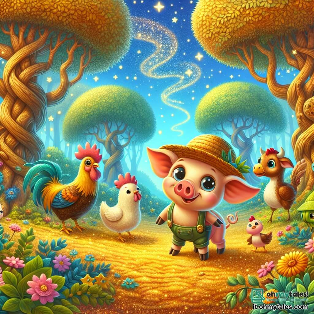 Illustrazione che rappresenta una scena magica in una foresta incantata, con grandi alberi dai tronchi nodosi che si ergono verso un cielo blu punteggiato di nuvole soffici. Il terreno è coperto di foglie dorate e fiori colorati, creando un tappeto naturale vibrante. Al centro della scena, un piccolo maialino rosa con guance rotonde e occhi scintillanti si trova gioiosamente, con un grande sorriso sul volto. Indossa un piccolo cappello di paglia e tiene una mappa del tesoro tra le zampe, guardando intorno a sé con curiosità. Accanto a lui, un gallinaceo dalle piume brillanti, con una cresta rosso vivo, si erge fiero, mentre una mucca dal manto marrone e bianco, con lunghe e morbide ciglia, osserva la scena con un'espressione divertita. Sullo sfondo, un drago verde dalle squame scintillanti si allunga, pronto a giocare con gli animali. La situazione principale mostra il maialino e i suoi amici in cerca di un tesoro nascosto, circondati da un'atmosfera gioiosa e ludica, piena di magia e avventura. Stelle scintillanti fluttuano attorno a loro, aggiungendo un tocco di incanto all'illustrazione.
