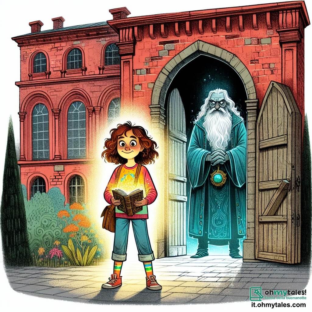Une illustration sous forme de dessin destinée aux enfants représentant un vieux palais de briques rouges, avec des fenêtres à arc et un grand portail en bois, où une fille de 9 ans aux cheveux bouclés et aux yeux pétillants, vêtue d'une t-shirt coloré et de jeans, se tient avec un air déterminé, tenant un livre ancien aux pages lumineuses, tandis qu'un homme âgé à la longue barbe blanche et au manteau bleu, qui est le gardien de la magie, l'observe avec fierté, alors qu'une ombre menaçante se profile à l'arrière-plan, symbolisant le danger des Ombra qui cherchent à s'emparer du pouvoir magique.