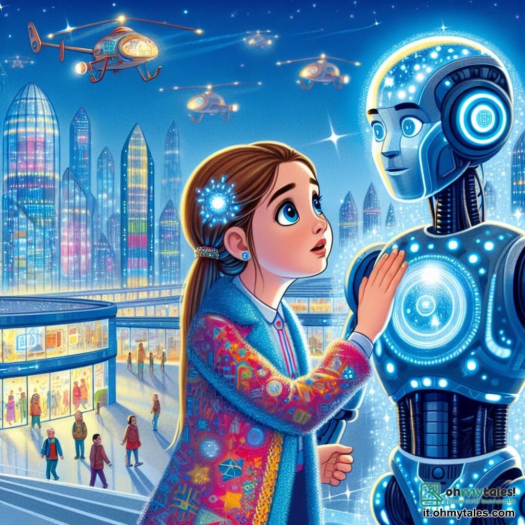 Une illustration sous forme de dessin destinée aux enfants représentant une ville futuriste scintillante avec des bâtiments en verre et des véhicules volants dans le ciel bleu, où une fille de 11 ans aux longs cheveux bruns et aux yeux azur, vêtue d'une combinaison colorée, examine un robot humanoïde aux lumières brillantes qui semble l'écouter attentivement, tandis qu'en arrière-plan, des robots amicaux aident les citoyens dans leurs tâches quotidiennes, capturant l'instant où la jeune fille et le robot se préparent à résoudre un mystère technologique qui pourrait changer leur ville.