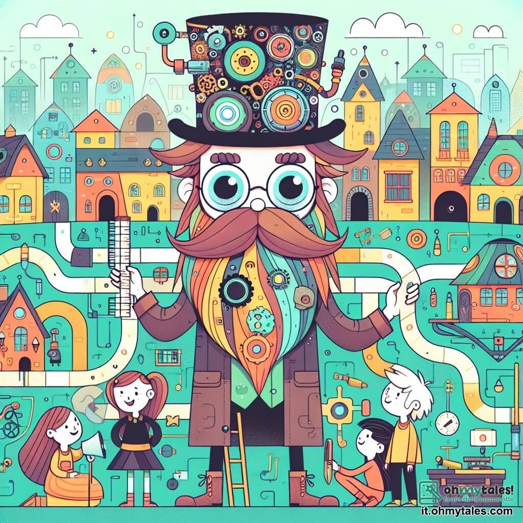 Une illustration destinée aux enfants représentant un inventeur barbu et excentrique, avec un chapeau rempli de gadgets, travaillant avec l'aide de jeunes assistants, dans une ville colorée remplie de maisons rondes et de rues sinueuses.