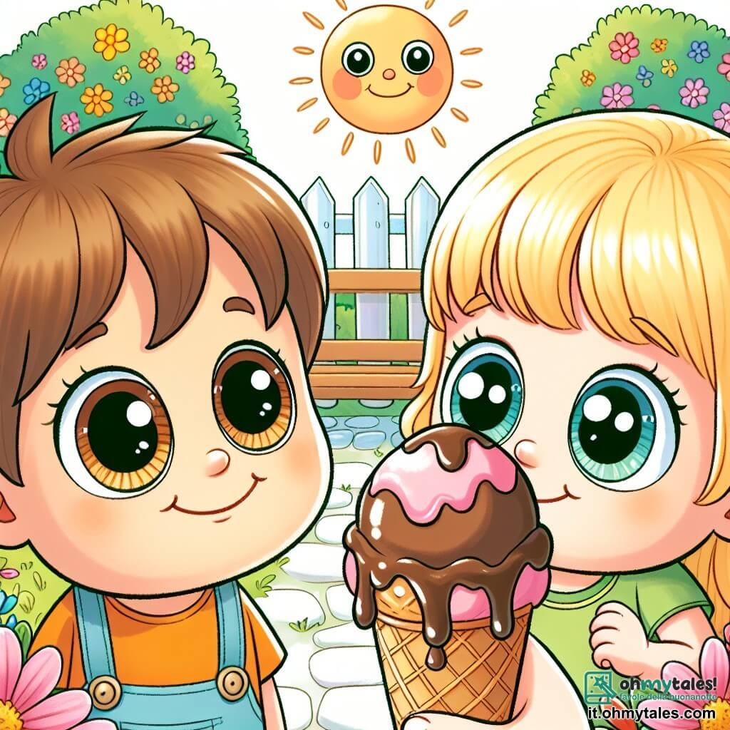 Une illustration destinée aux enfants représentant un petit garçon aux grands yeux bruns, confronté à la tentation d'un délicieux gelato offert par son ami, un garçon aux cheveux blonds, dans un parc ensoleillé bordé de fleurs colorées.