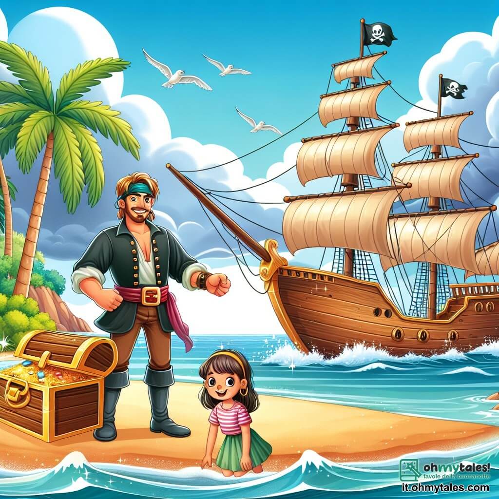Une illustration destinée aux enfants représentant un homme courageux, un coffre au trésor scintillant, une jeune fille intrépide et un navire pirate majestueux amarré sur une île déserte, où l'aventure prend vie parmi les vagues et les palmiers balançants.