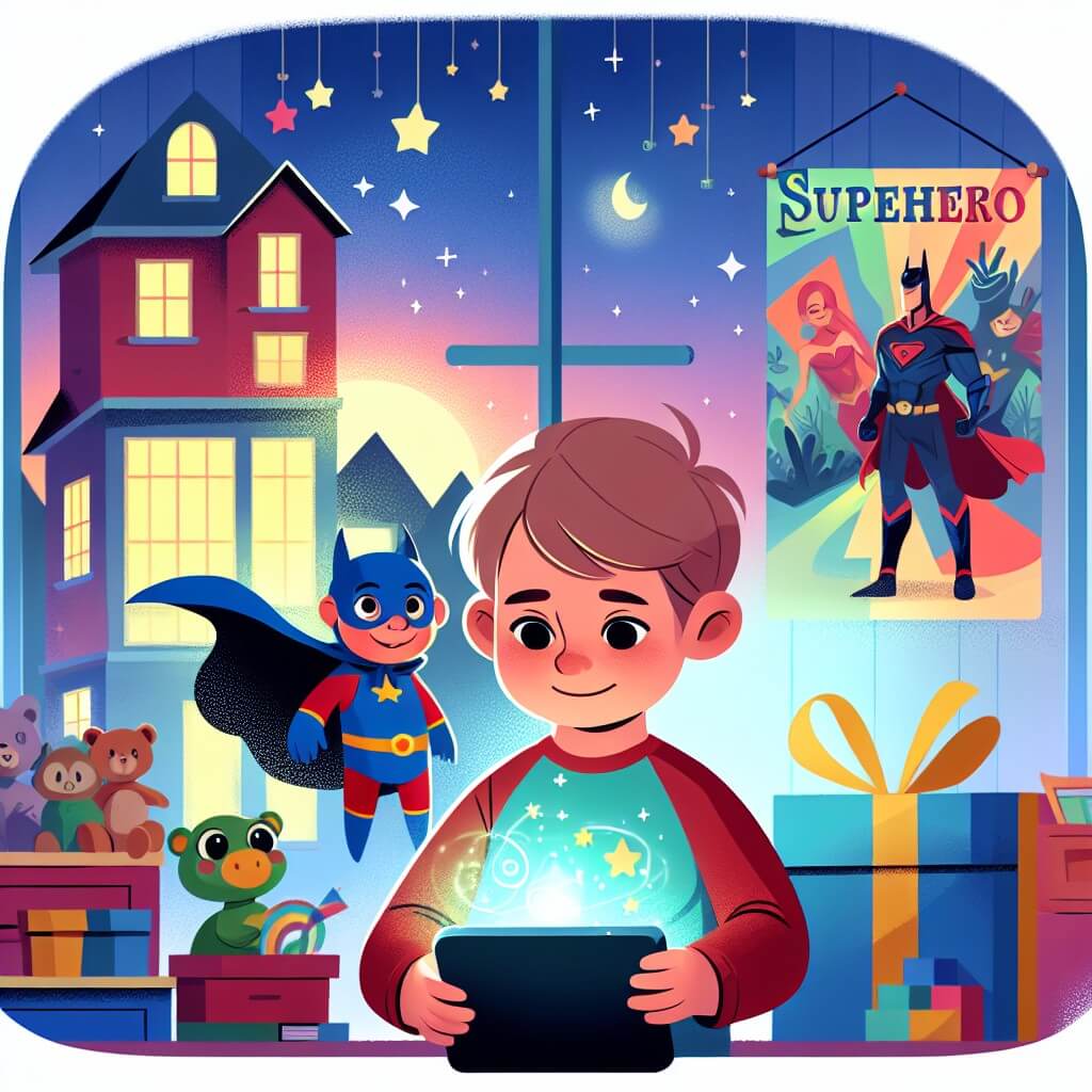 Une illustration destinée aux enfants représentant un jeune garçon, les yeux rivés sur un écran, accompagné d'un mystérieux cadeau magique, se trouvant dans une chambre remplie de jouets colorés et de posters de super-héros, dans une petite ville paisible baignée de douce lumière.