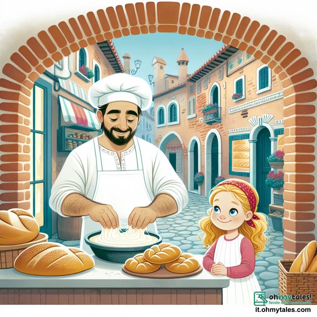 Une illustration destinée aux enfants représentant un boulanger au grembiule blanc, plongé dans la magie de la panification, accompagné d'une petite fille aux boucles blondes, dans la pittoresque panetteria du village de Campagnola, aux façades de briques rouges et aux ruelles animées.