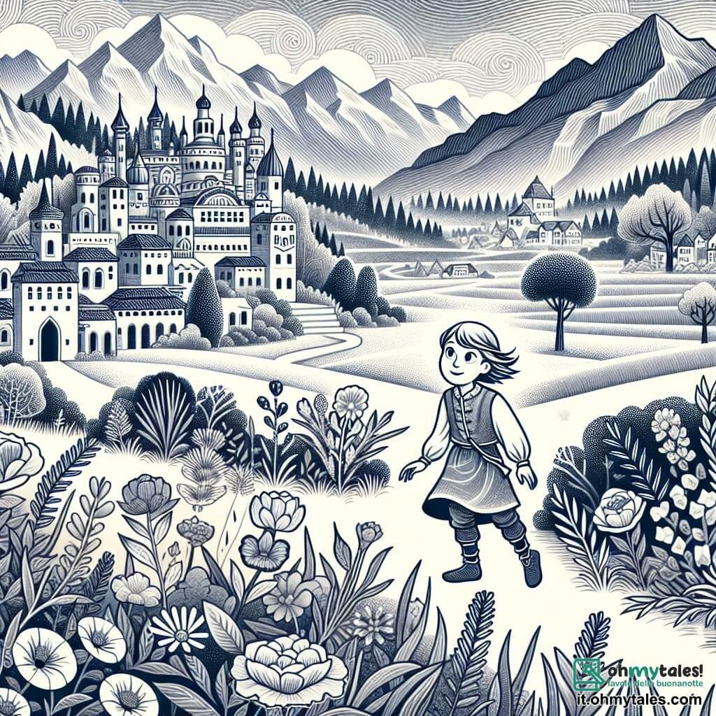 Une illustration destinée aux enfants représentant une petite fille courageuse se lançant dans une aventure extraordinaire aux côtés d'un elfe sage, dans un village enchanteur entouré de bosquets fleuris et de montagnes majestueuses.