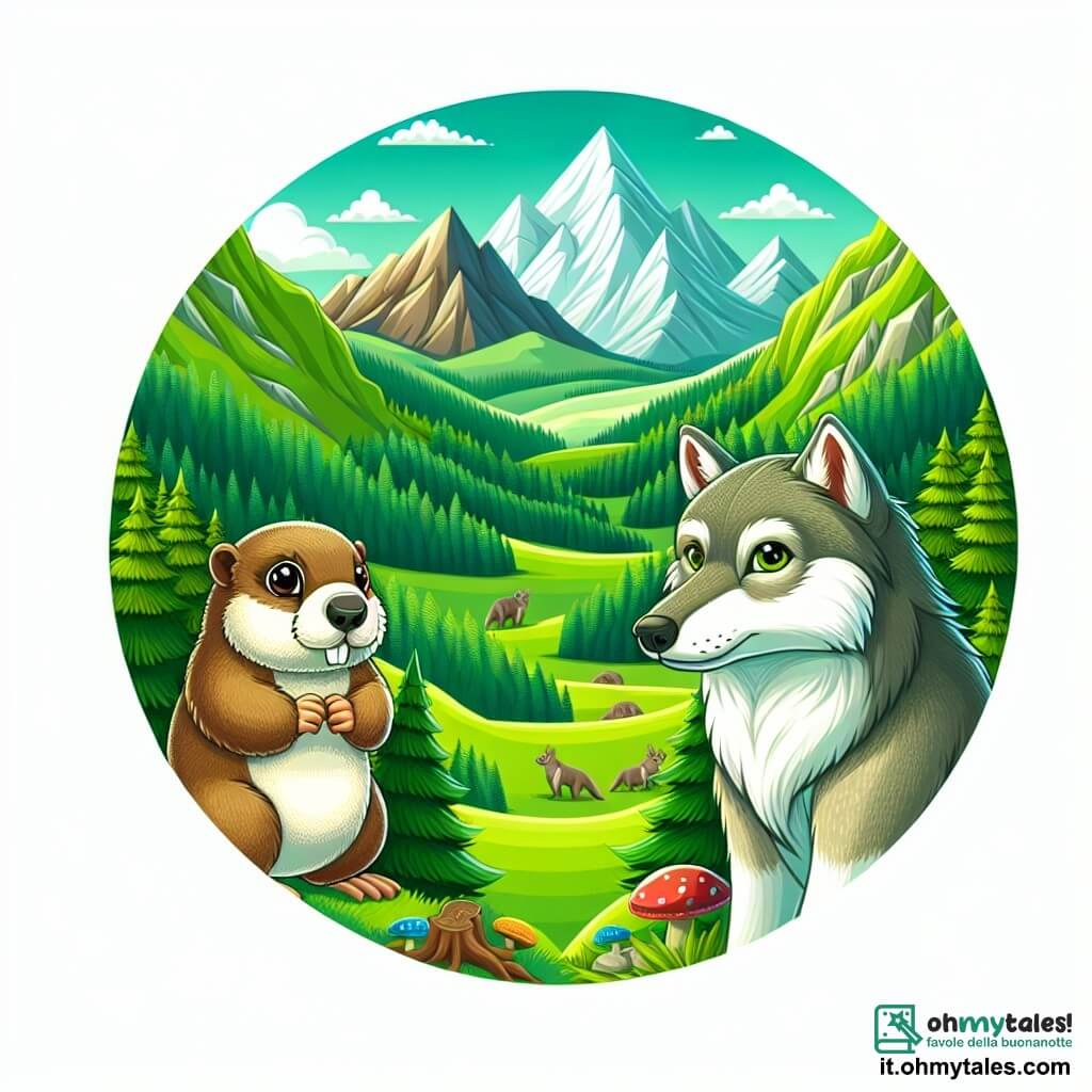 Une illustration destinée aux enfants représentant une marmotte curieuse, un loup sage, une vallée verdoyante entourée de montagnes majestueuses, où l'aventure et la sagesse se rencontrent.