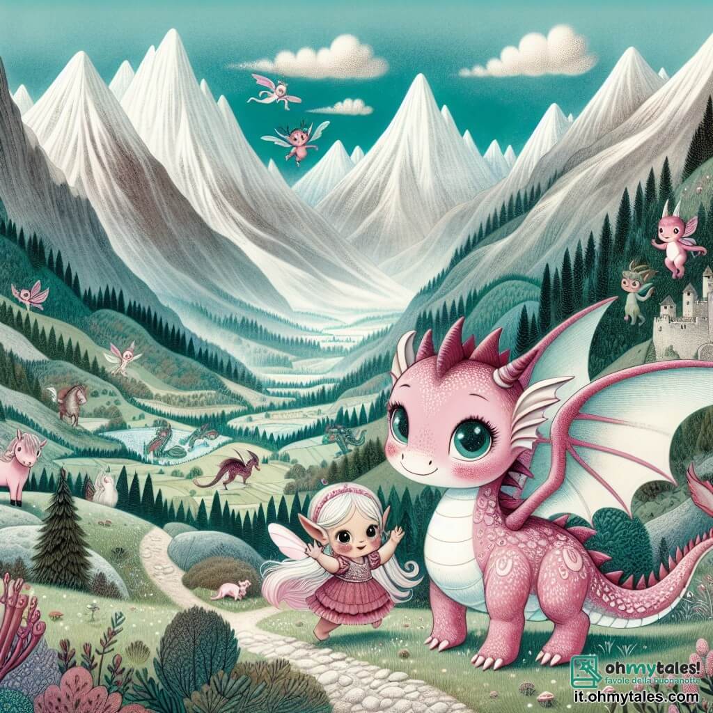 Une illustration destinée aux enfants représentant une petite dragonne rose, très timide, accompagnée de son ami le folletto espiègle, dans la vallée enchantée d'Arcobaleno, entourée de montagnes majestueuses et peuplée de créatures magiques.