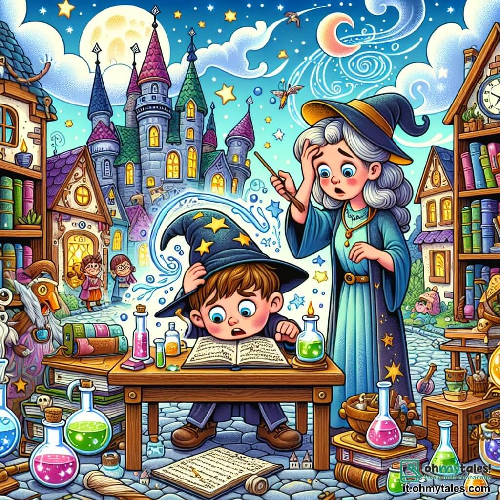Une illustration destinée aux enfants représentant un jeune sorcier maladroit s'entraînant à lancer des sorts dans son laboratoire rempli de livres magiques et de potions, avec sa sage mère sorcière observant la scène, dans la magique ville de Follolandia aux maisons colorées et aux rues pavées de paillettes scintillantes.