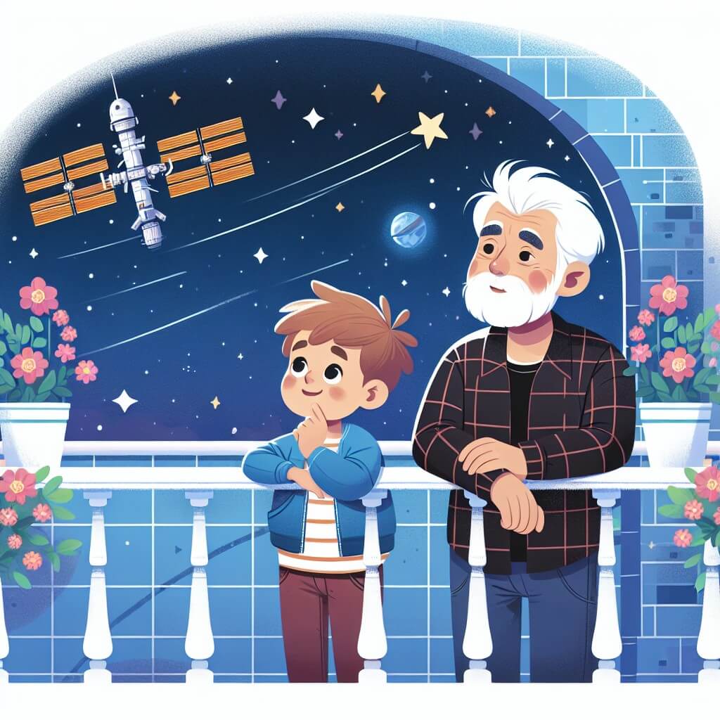 Une illustration destinée aux enfants représentant un jeune homme passionné par les étoiles, qui rêve de devenir astronaute, accompagné de son grand-père sage, sur un balcon orné de fleurs, admirant la Station Spatiale Internationale qui passe dans le ciel étoilé.