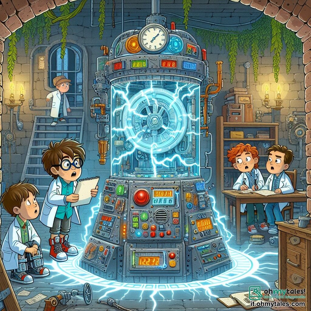 Illustrazione che rappresenta un laboratorio segreto pieno di macchine futuristiche, con muri in mattoni antichi ricoperti di edera. Al centro, una grande macchina del tempo scintillante, decorata con pulsanti colorati e una grande leva rossa. Un ragazzo di circa 12 anni, con capelli castani arruffati e occhiali, osserva la macchina con occhi sbarrati, pieno di eccitazione. Accanto a lui, una ragazza di 11 anni, con capelli lunghi e biondi, indossa un camice da laboratorio e esamina attentamente i comandi con uno sguardo concentrato. Un ragazzo di 13 anni, con una disabilità alla gamba, è seduto su una sedia, abbozzando un piano su un quaderno, mentre un ragazzo più giovane di 10 anni, con capelli ricci e un sorriso malizioso, fa facce buffe per alleggerire l'atmosfera. La scena cattura il momento in cui i bambini, affascinati dalla loro scoperta, si preparano ad attivare la macchina del tempo, circondati da un'atmosfera di avventura e mistero. Lampi di luce emanano dalla macchina, aggiungendo un tocco magico all'illustrazione, mentre strumenti scientifici e libri sparsi intorno a loro rinforzano l'idea di un'esplorazione scientifica.