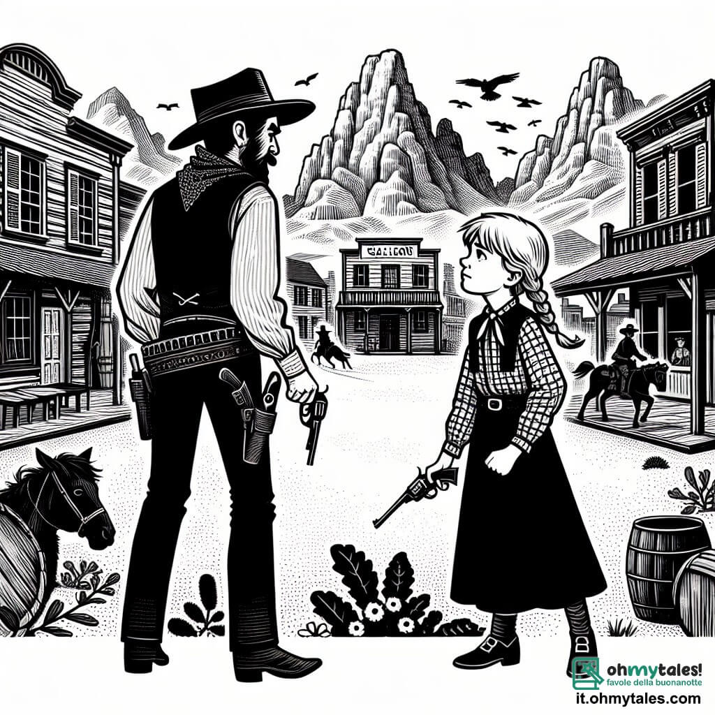 Une illustration destinée aux enfants représentant une jeune fille courageuse devenant la nouvelle sceriffa du Wild West, affrontant un bandit rusé dans une ville poussiéreuse bordée de saloons en bois et de montagnes majestueuses.