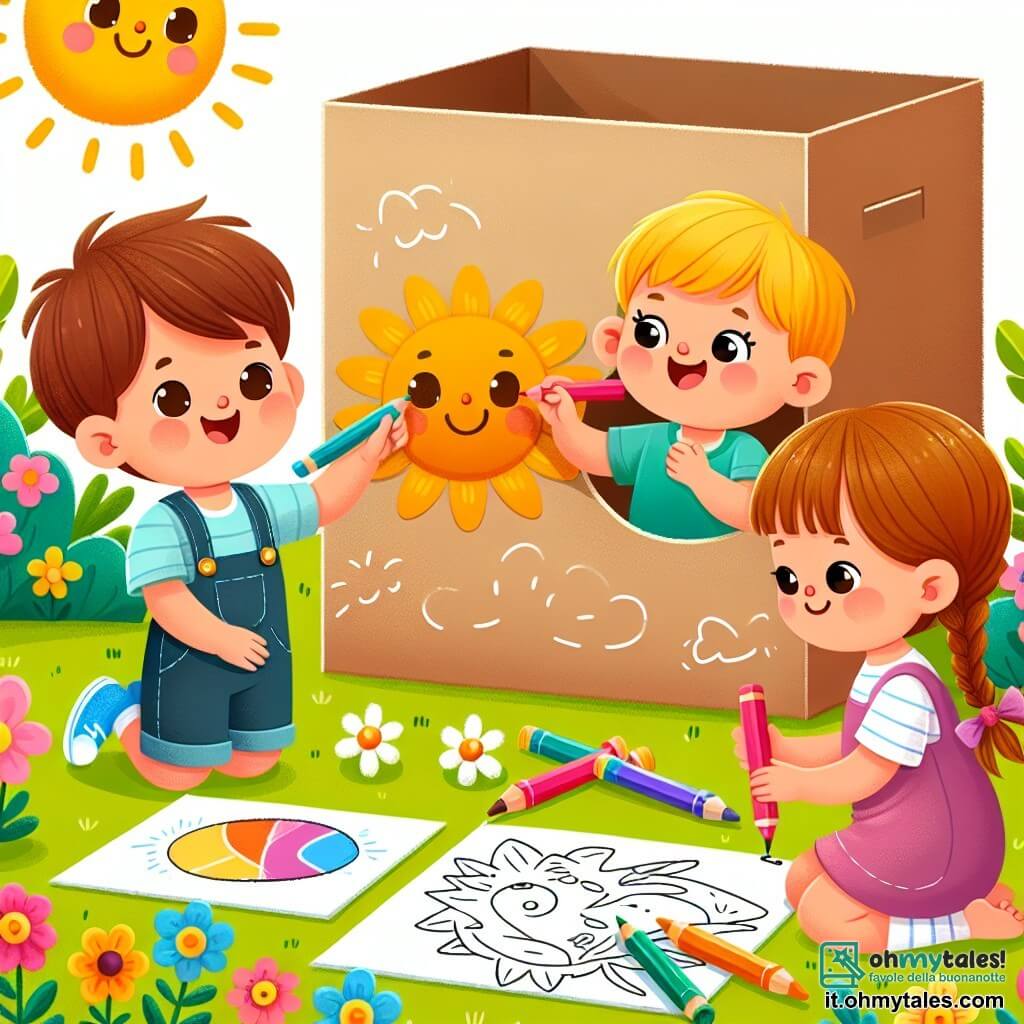 Une illustration sous forme de dessin destinée aux enfants représentant un jardin ensoleillé avec des fleurs colorées et un grand carton décoré, où un petit garçon de deux ans aux cheveux bruns et aux yeux pétillants, souriant et tenant des crayons, est entouré de deux amis : une petite fille aux cheveux blonds tressés qui dessine un soleil sur le carton et un garçon aux cheveux châtains qui colorie joyeusement, tous trois partageant des rires et des moments d'amitié en créant leur club.