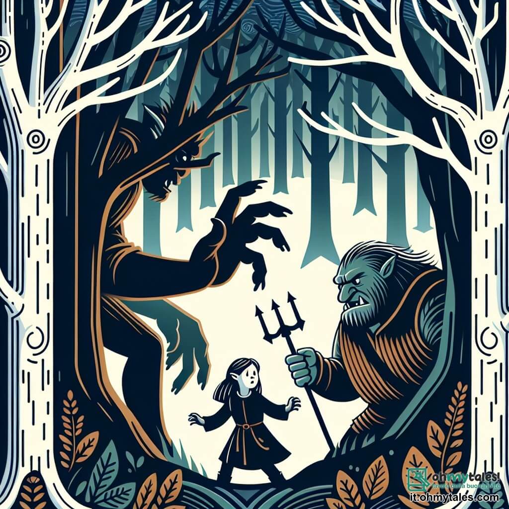 Une illustration destinée aux enfants représentant un ogre imposant et terrifiant qui demande de l'aide à une courageuse petite fille, dans une sombre et mystérieuse forêt enchantée où les arbres semblent murmurer des secrets anciens.