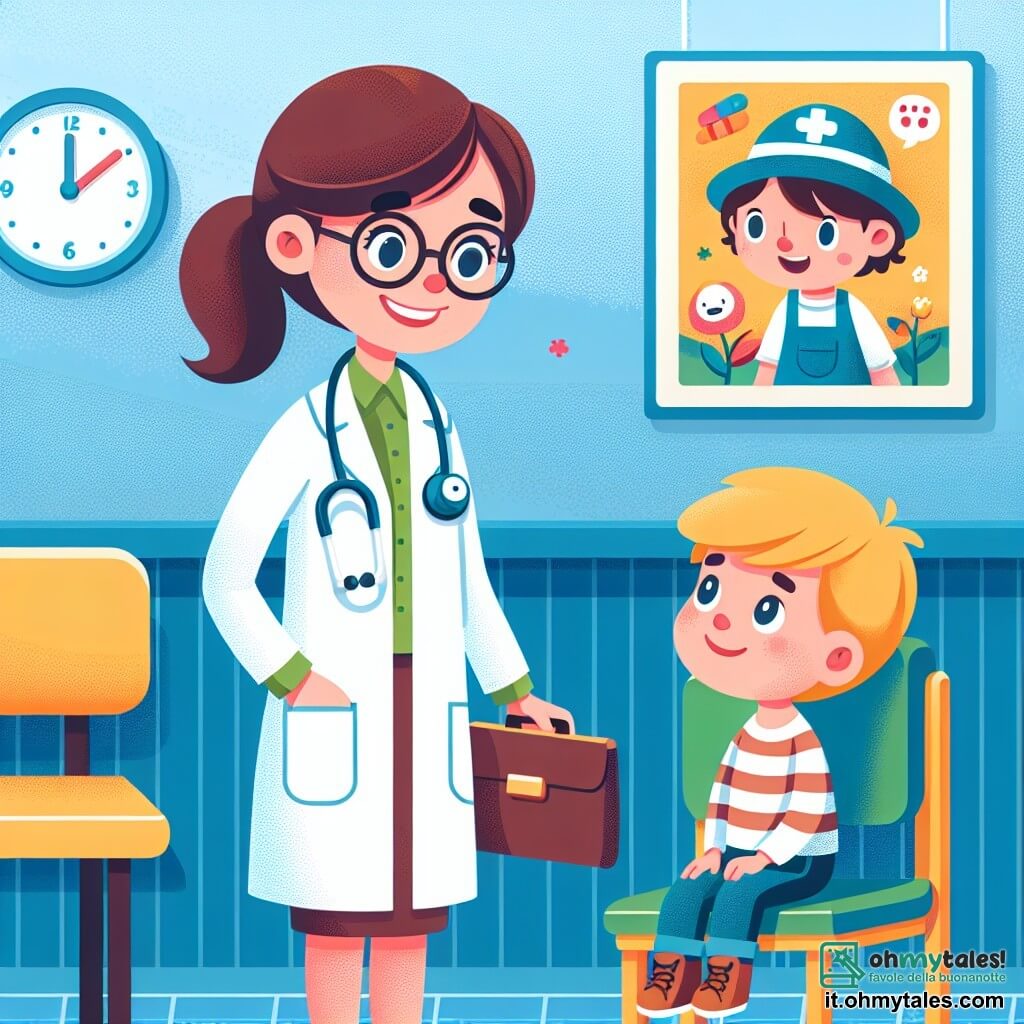 Une illustration sous forme de dessin destinée aux enfants représentant une salle d'attente colorée d'un hôpital, avec des murs peints en bleu et des affiches de dessins animés, où une femme médecin souriante aux cheveux bruns et aux lunettes, vêtue d'une blouse blanche, écoute attentivement un petit garçon aux cheveux blonds et au chapeau bleu, qui se tient assis sur une chaise avec une expression préoccupée, tandis qu'un autre enfant aux cheveux bruns, debout à côté, regarde avec curiosité, tous deux attendant que la médecin les aide à se sentir mieux.