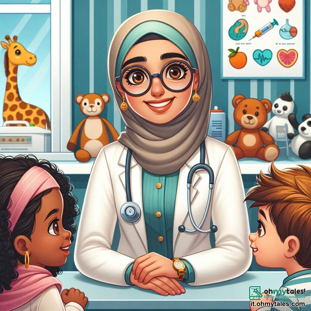Une illustration destinée aux enfants représentant une femme médecin au sourire chaleureux et aux lunettes rondes, vêtue d'un élégant manteau blanc, qui se trouve dans son lumineux cabinet médical aux murs ornés de dessins colorés d'animaux et de fruits, où elle aide des enfants curieux, un garçon aux cheveux bruns et une fille aux boucles dorées, à découvrir les merveilles de la santé et les secrets des soins, tout en entourée de jouets en peluche et de posters éducatifs sur l'hygiène, créant ainsi une atmosphère accueillante et rassurante.