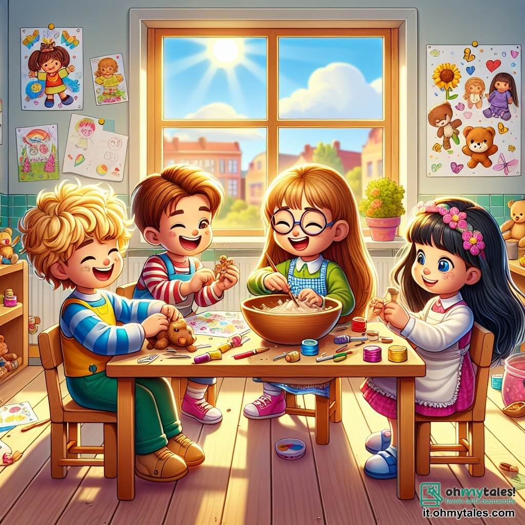 Illustrazione che rappresenta un'aula luminosa e colorata, con grandi finestre che lasciano entrare la luce del sole. Le pareti sono decorate con disegni di bambini e poster sulla parità di genere. Al centro, un gruppo di quattro bambini è attorno a un tavolo di legno, ciascuno immerso nella propria attività creativa. Un ragazzo di sei anni, con i capelli ricci e biondi, è concentrato, tiene un pezzo di tessuto e un ago, cercando di cucire un piccolo vestito per una bambola. Accanto a lui, un altro ragazzo di sei anni, con capelli castani e occhiali, mescola ingredienti in una grande ciotola, il viso coperto di farina, ridendo per il divertimento della situazione. Una ragazza di sei anni, con capelli lunghi e neri, è seduta su una sedia, dipingendo un quadro colorato con fiori e uccelli, gli occhi brillanti di eccitazione. Infine, un altro ragazzo di sei anni, con capelli lisci e castani, osserva attentamente il dipinto della ragazza, tenendo un pennello in una mano, pronto ad aiutarla. La scena emana un'atmosfera di amicizia e creatività, illustrando l'idea che tutti i bambini, indipendentemente dal loro genere, possano esplorare le proprie passioni e aiutarsi in un ambiente gioioso e inclusivo. Risate e colori vivaci riempiono l'aria, simboleggiando l'uguaglianza e la libertà di espressione.