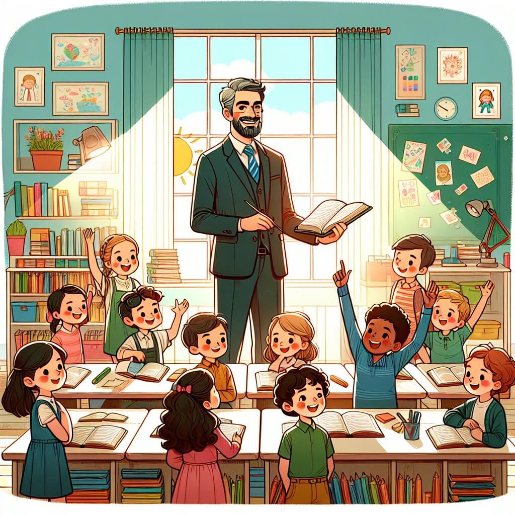 Une illustration destinée aux enfants représentant un instituteur bienveillant et enthousiaste, accompagné de ses élèves curieux, dans une salle de classe colorée et remplie de livres, avec des fenêtres laissant entrer la lumière du soleil et des murs décorés de dessins joyeux et inspirants.