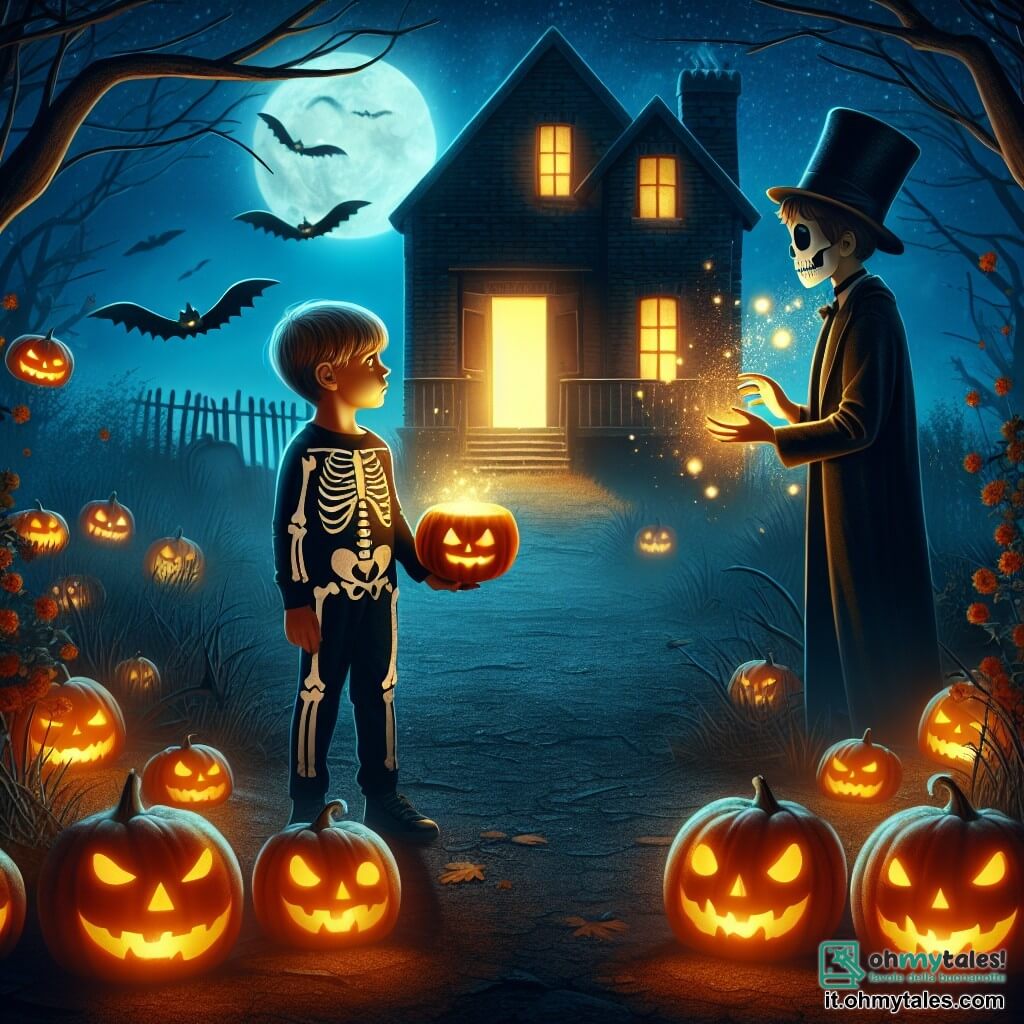 Une illustration destinée aux enfants représentant un petit garçon déguisé en squelette, faisant face à un mystérieux magicien, devant une maison abandonnée envahie par des citrouilles lumineuses, lors d'une nuit d'Halloween pleine de magie et de surprises.