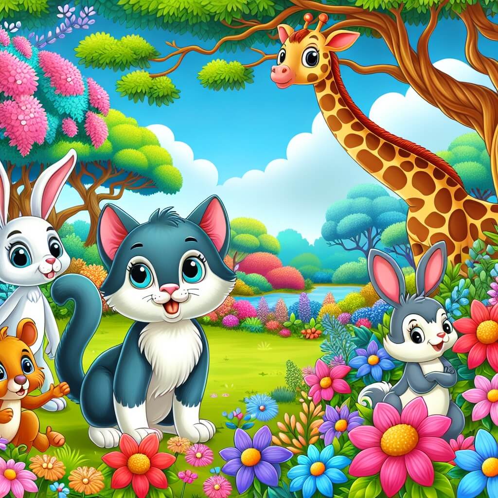 Une illustration destinée aux enfants représentant un chat espiègle et curieux, accompagné de ses amis animaux, explorant un magnifique jardin rempli de fleurs colorées et d'arbres majestueux à Gattolandia.