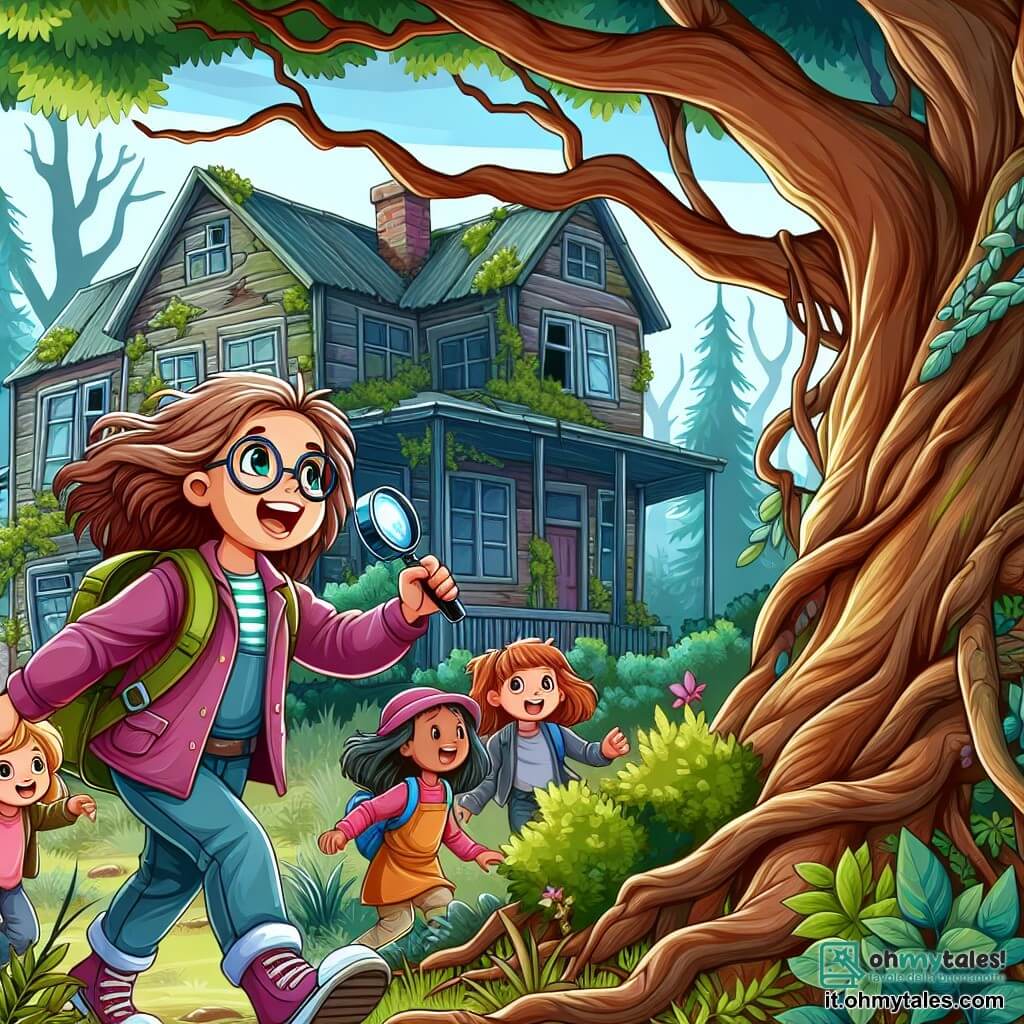 Une illustration destinée aux enfants représentant une jeune fille intrépide enquêtant sur un mystère avec ses amis, dans une maison abandonnée entourée d'arbres séculaires et de cespugli sauvages.