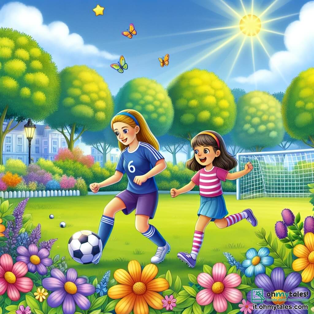 Une illustration destinée aux enfants représentant une jeune fille passionnée de football, s'entrainant avec une célèbre joueuse professionnelle, dans un parc verdoyant et ensoleillé rempli de fleurs colorées.