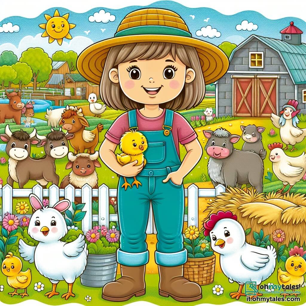 Une illustration destinée aux enfants représentant une femme souriante, vêtue d'une salopette et d'un chapeau de paille, se tenant fièrement au milieu d'une ferme colorée et animée, entourée d'animaux joyeux et d'un adorable petit poussin.