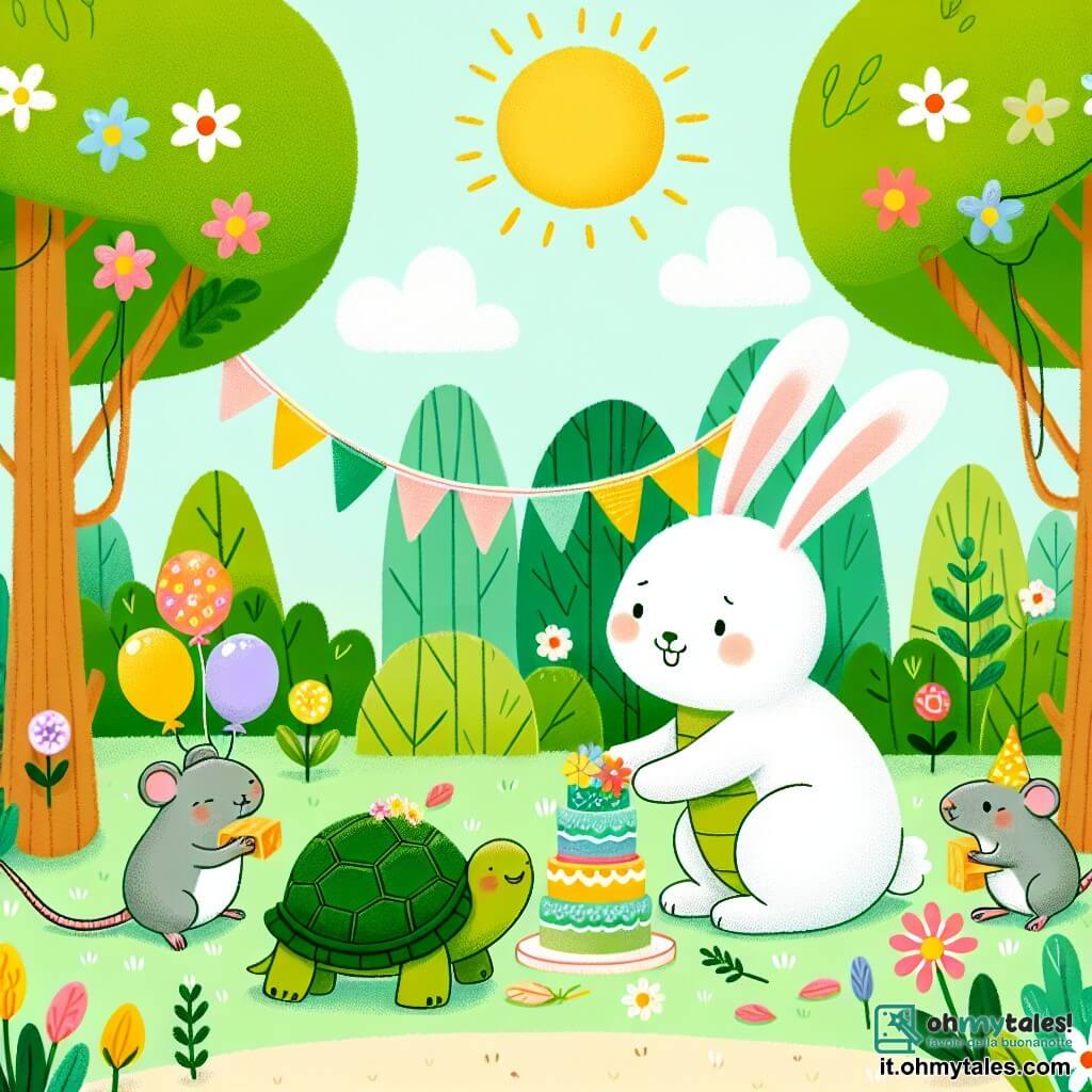 Une illustration sous forme de dessin destinée aux enfants représentant une clairière ensoleillée, ornée de fleurs colorées et de grands arbres verdoyants, où un joyeux lapin aux grandes oreilles et au pelage blanc est en train de préparer une fête, entouré de sa meilleure amie, une tortue au carapace verte qui porte un petit chapeau, et d'un petit rat gris qui tient un morceau de fromage, tandis qu'ils rient et décorent l'endroit avec des ballons colorés et des guirlandes de feuilles.