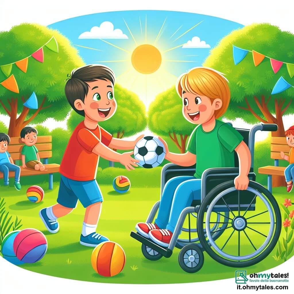 Une illustration destinée aux enfants représentant un garçon plein de vie et d'énergie, faisant la connaissance d'un garçon en sedia a rotelle qui joue au football avec agilité, dans un parc ensoleillé avec alberi verdi e palloni colorati.
