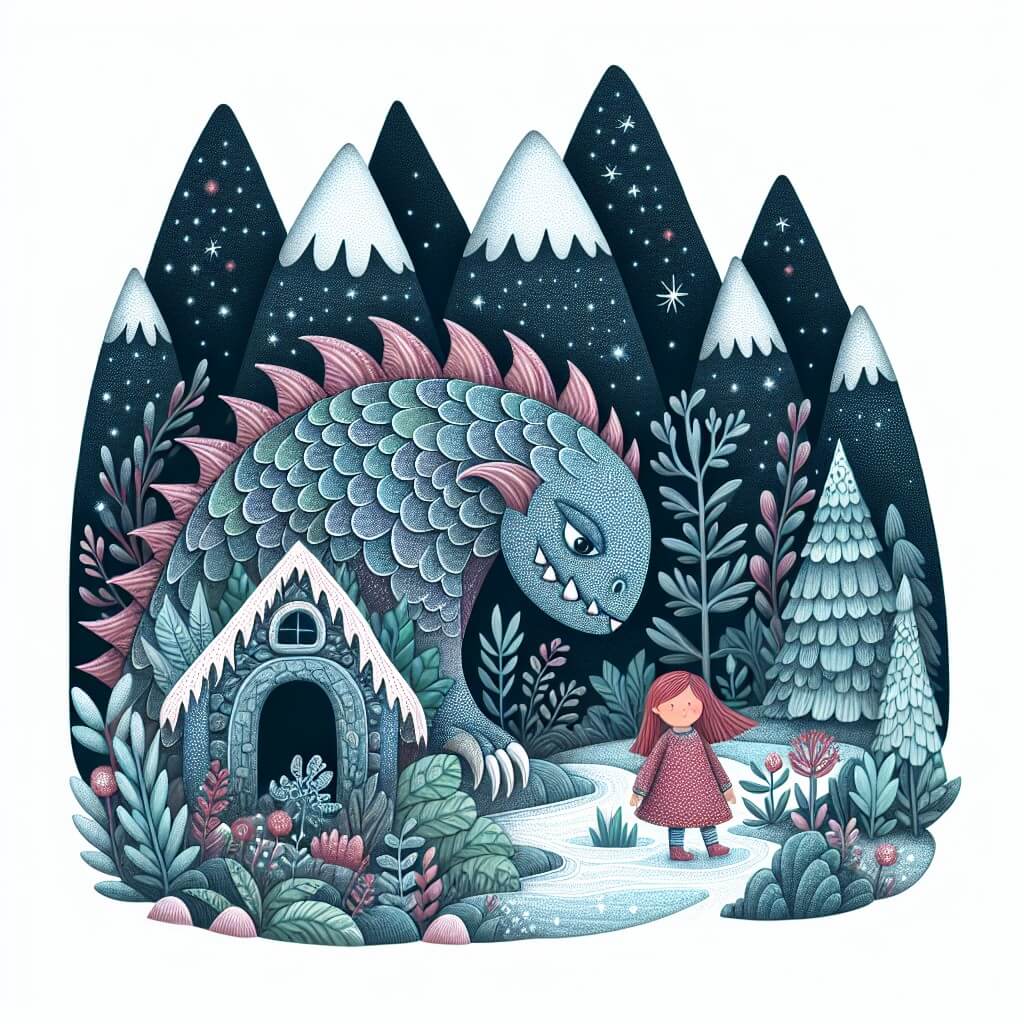 Une illustration destinée aux enfants représentant un monstre mystérieux aux écailles scintillantes, se tenant devant une grotte magique nichée au cœur des montagnes, accompagné d'une petite fille perdue dans la forêt enchantée.