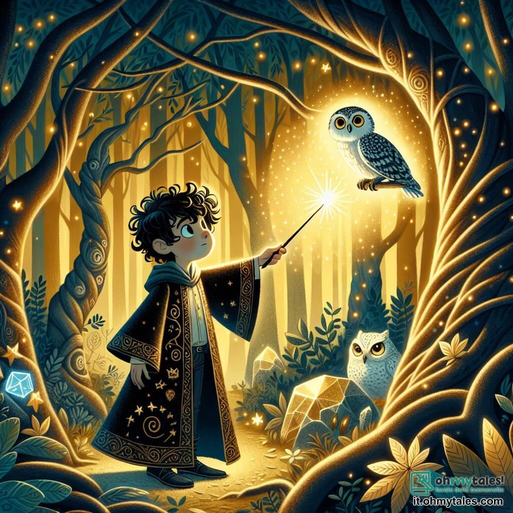 Une illustration sous forme de dessin destinée aux enfants représentant une forêt enchantée, où des arbres aux troncs tordus et aux feuilles luminescentes créent une atmosphère magique, avec un jeune garçon sorcier aux cheveux noirs et bouclés, portant une robe de sorcier ornée de symboles mystiques, qui lève son bâton en direction d'un cristal lumineux flottant dans les airs, tandis qu'un gufo argenté aux yeux perçants, perché sur une branche, observe attentivement la scène, le tout baigné dans une lumière douce et dorée, symbolisant l'espoir et la magie qui renaissent.