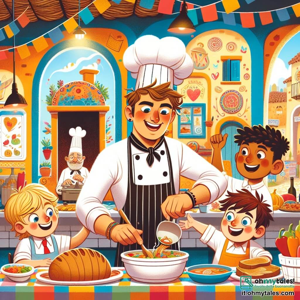 Une illustration destinée aux enfants représentant un chef cuisinier joyeux et talentueux en train de préparer un festin avec l'aide de trois jeunes apprentis, dans un ristorante coloré et chaleureux appelé "Il ristorante del sorriso" situé dans la pittoresque cittadina di Soleluna.