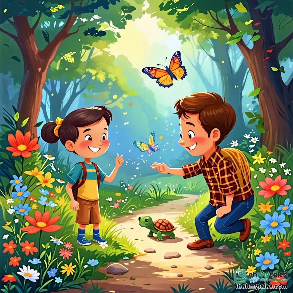 Une illustration sous forme de dessin destinée aux enfants représentant une forêt enchantée avec des arbres majestueux et des fleurs colorées, où un homme au sourire chaleureux, aux cheveux bruns et portant une chemise à carreaux, aide une petite tortue à traverser un chemin de terre, tandis qu'une farfalle magique aux ailes éclatantes de couleurs vibre joyeusement dans les airs, symbolisant la gentillesse et la magie de l'amitié.
