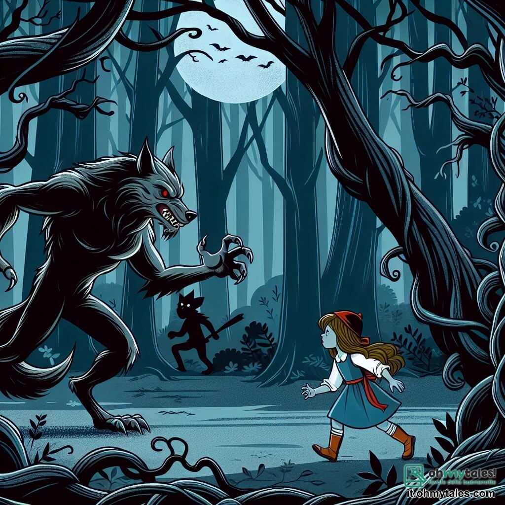 Une illustration destinée aux enfants représentant une jeune fille courageuse, confrontée à un loup mannaro sinistre, dans une forêt sombre et mystérieuse aux arbres tordus et aux ombres menaçantes.