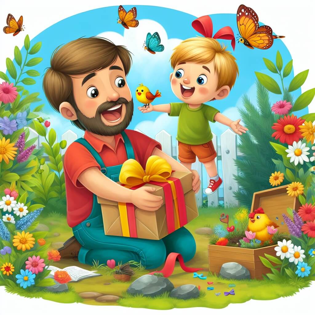Une illustration destinée aux enfants représentant un jeune garçon plein d'enthousiasme, préparant une surprise pour son papa, avec l'aide d'un petit oiseau, dans un jardin coloré rempli de fleurs et de papillons.