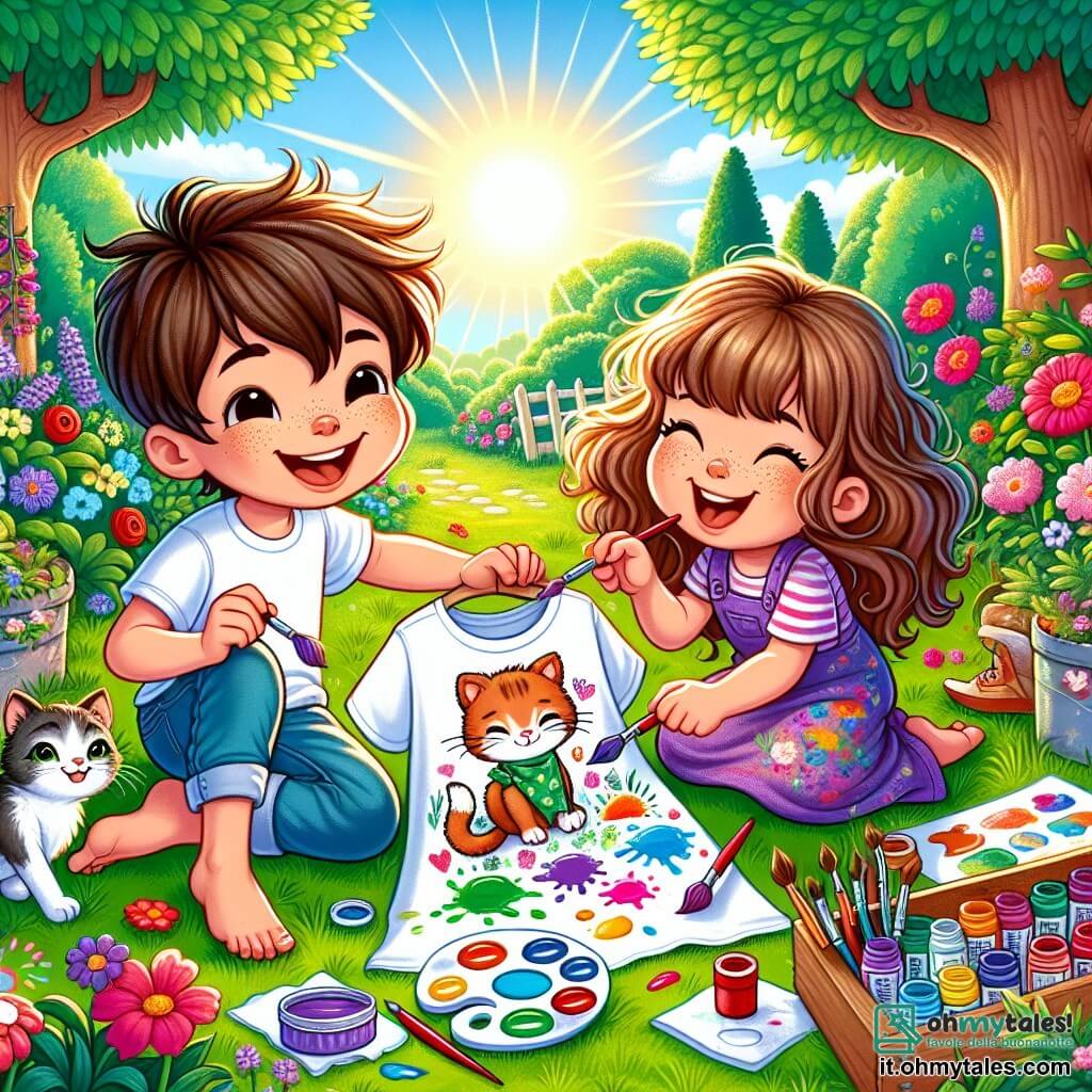 Une illustration sous forme de dessin destinée aux enfants représentant un jardin ensoleillé, rempli de fleurs colorées et d'arbres verdoyants, où un garçon de 7 ans aux cheveux bruns en désordre, vêtu d'un t-shirt peint à la main, est assis sur l'herbe, riant avec sa meilleure amie, une petite fille aux cheveux bouclés et aux yeux pétillants, qui tient des pinceaux et des pots de peinture, alors qu'ils travaillent ensemble sur une maglietta spéciale pour la fête des pères, entourés de taches de peinture et d'un chat curieux qui s'approche d'eux.