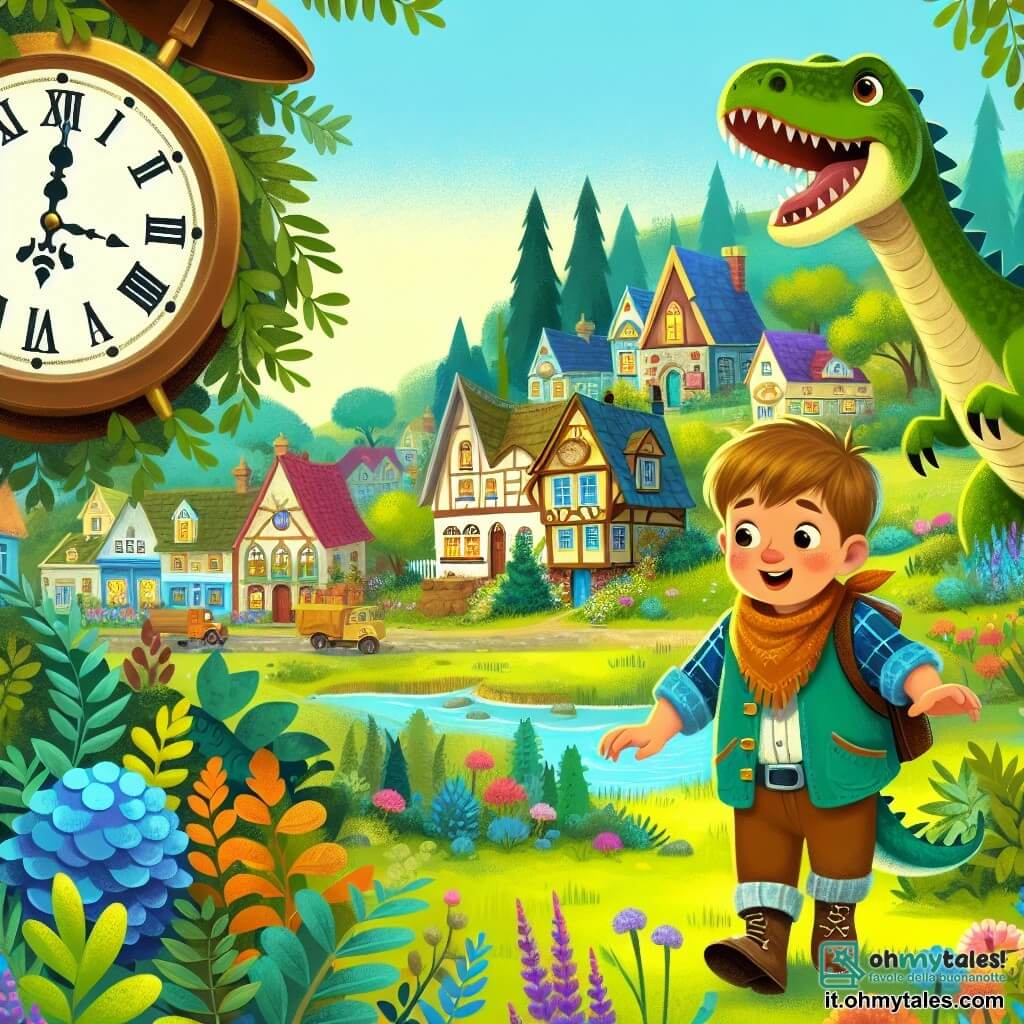 Une illustration destinée aux enfants représentant un garçon curieux découvrant un mystérieux orologio magico, accompagné d'un dinosaure amical, dans un village pittoresque entouré de maisons colorées et de jardins verdoyants.