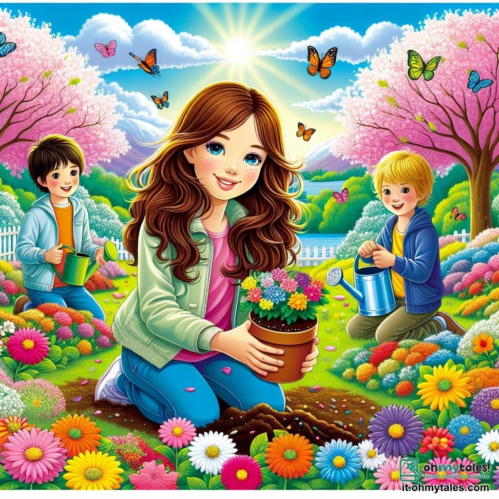 Illustrazione che rappresenta un parco primaverile vibrante di colori, con alberi in fiore dai petali rosa e bianchi, ciuffi di fiori multicolori sparsi sull'erba verde e un cielo blu chiaro punteggiato di nuvole bianche e soffici. Al centro, una ragazza di 11 anni, con lunghi capelli castani e occhi vivaci, indossa una giacca leggera e pantaloni di jeans. È accovacciata, con le mani nella terra, intenta a piantare semi in un piccolo vaso di terracotta, il suo viso splendente di gioia e concentrazione. Accanto a lei, due ragazzi di circa 10 anni, uno con capelli biondi e occhiali, e l'altro con capelli castani e un ampio sorriso, tengono in mano degli annaffiatoi e guardano con entusiasmo la ragazza mentre lavora. L'atmosfera è piena di vita, con farfalle colorate che volano e uccelli che cantano sugli alberi, simboleggiando la magia della primavera e l'amicizia che unisce i bambini in questa bella avventura di giardinaggio.