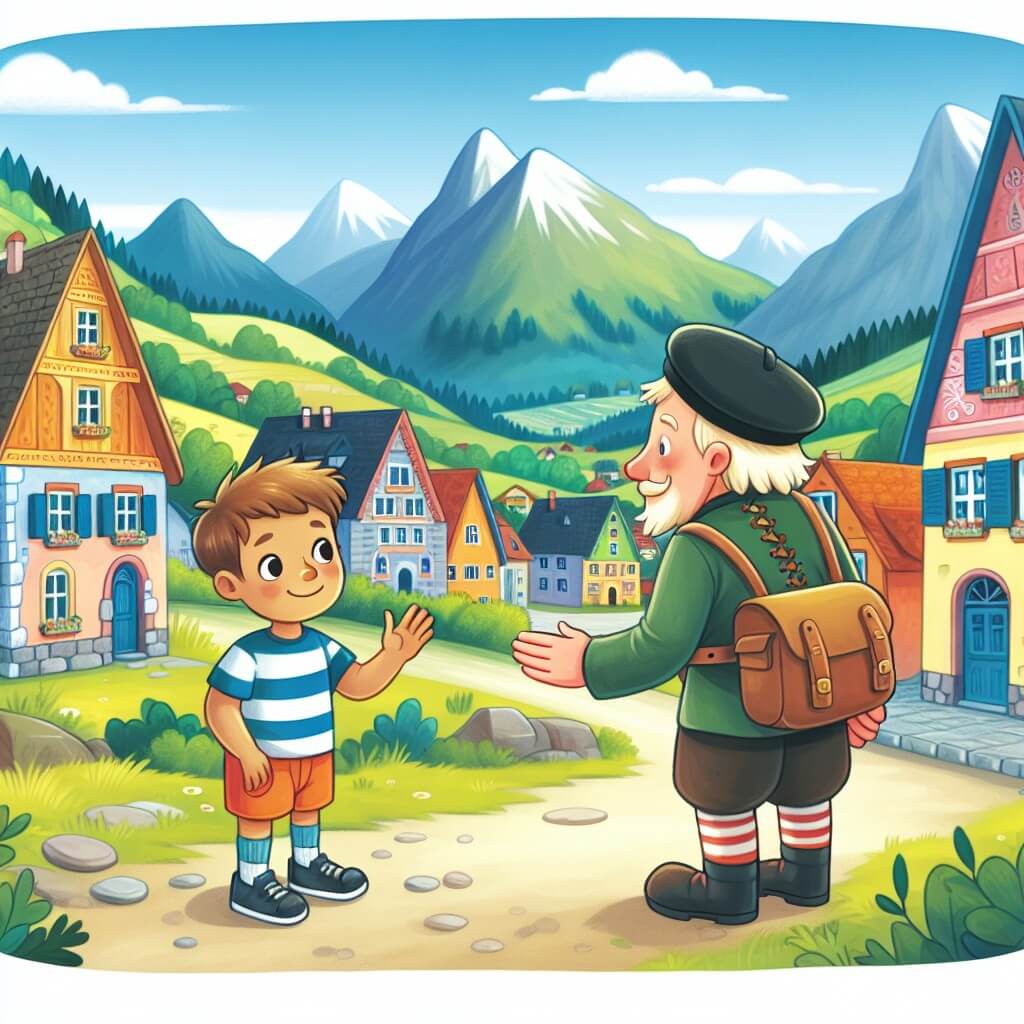 Une illustration destinée aux enfants représentant un jeune garçon curieux, faisant la rencontre d'un nouvel ami venu d'un pays lointain, dans une petite ville pittoresque entourée de montagnes verdoyantes et de maisons colorées.