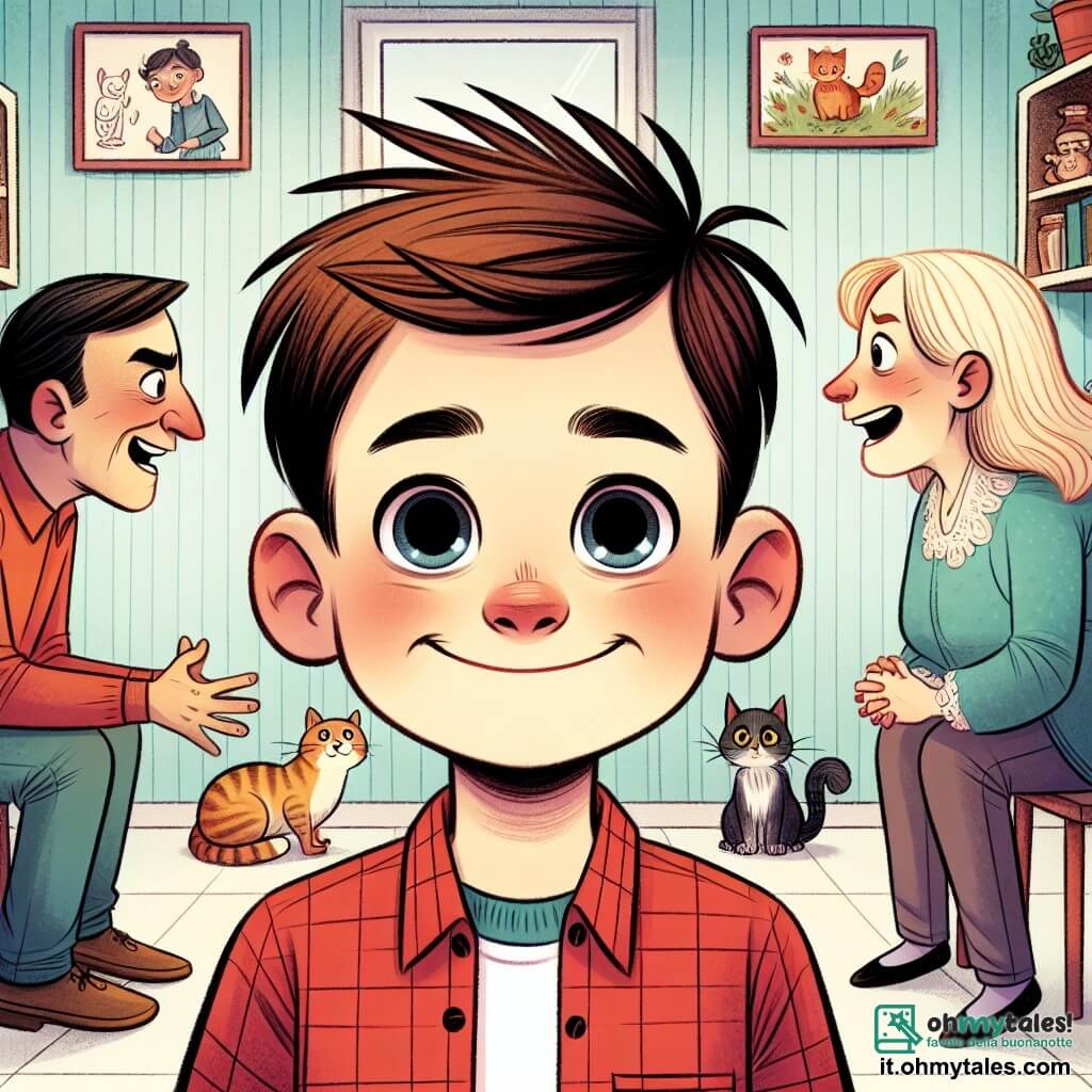 Une illustration destinée aux enfants représentant un garçon aux yeux curieux et au sourire contagieux, vivant une situation de conflit entre ses parents, avec en personnage secondaire un chat malicieux, dans une cuisine chaleureuse et colorée aux murs ornés de dessins d'animaux.