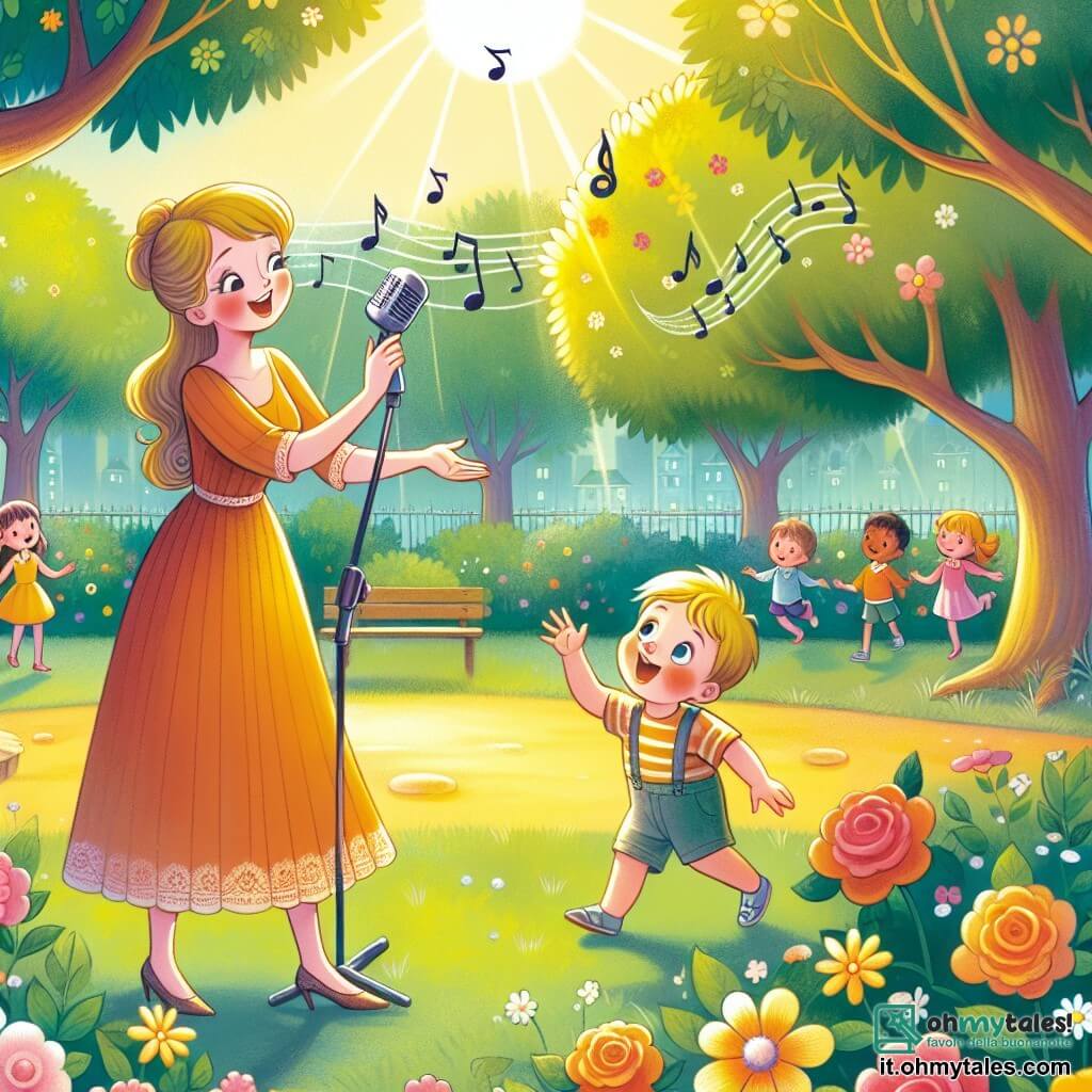 Une illustration destinée aux enfants représentant une talentueuse chanteuse (femme) enchantant les enfants du quartier avec sa musique, accompagnée d'un petit garçon émerveillé, dans un parc ensoleillé aux arbres colorés et aux fleurs dansant au rythme de la mélodie.