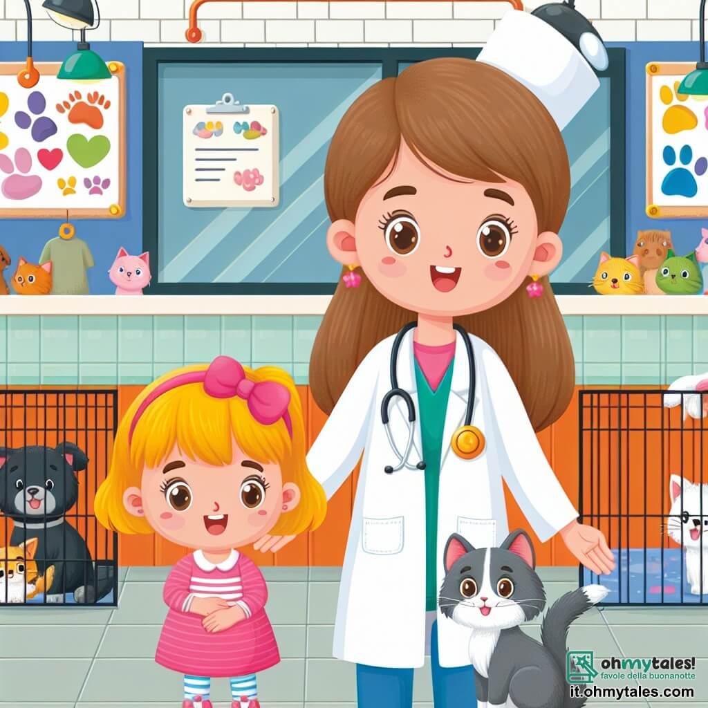 Une illustration destinée aux enfants représentant une jeune femme vétérinaire, une fillette et son chat, dans une clinique vétérinaire colorée et accueillante, pleine d'animaux en attente d'aide.