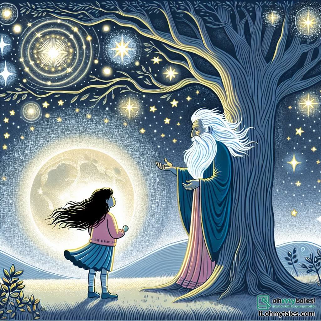 Une illustration destinée aux enfants représentant une fille aux cheveux sombres, se tenant devant un albero maestoso qui semble parler avec le vent, accompagnée d'un sage Filosofo delle Stelle aux yeux brillants, dans une radura illuminée par la luce argentata de la Luna.