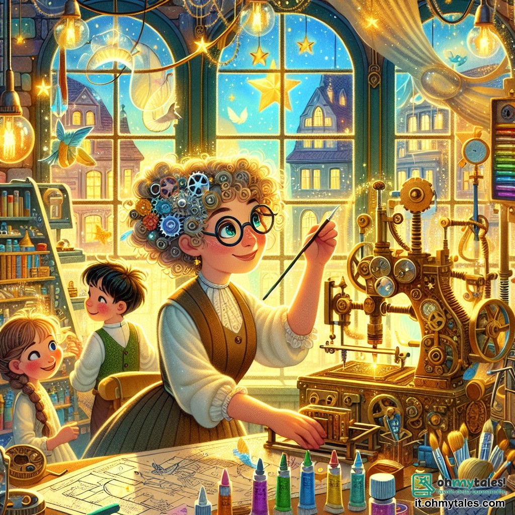 Une illustration destinée aux enfants représentant une femme inventrice aux cheveux bouclés et aux lunettes rondes, entourée de son atelier coloré rempli de machines scintillantes, de tubes de peinture éclatants et de plans éparpillés, où elle travaille avec passion pour créer un dispositif magique qui permet aux oiseaux de voler plus haut, tandis que deux enfants, un garçon aux yeux pétillants et une fille aux cheveux tressés, l'aident avec enthousiasme, le tout baigné dans la lumière dorée d'un après-midi ensoleillé filtrant à travers les fenêtres ornées de stickers en forme d'étoiles, dans une petite ville pleine de rêves et d'imagination.
