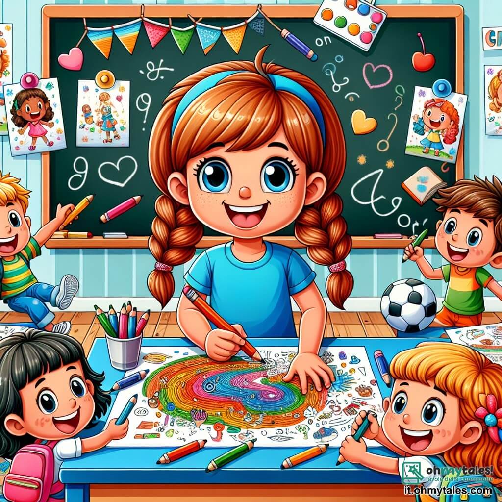 Une illustration sous forme de dessin destinée aux enfants représentant une salle de classe colorée, avec des murs ornés de dessins d'enfants et un grand tableau noir, où une fille de 7 ans aux cheveux bruns tressés et portant une t-shirt bleu vif est en train de dessiner avec enthousiasme sur une grande feuille de papier, entourée de ses camarades : un garçon aux cheveux blonds qui joue avec un ballon de football et une fille aux cheveux bouclés qui tient des crayons de couleur, tous souriants et engagés dans un projet de murale collectif, illustrant la magie de la rentrée des classes et l'importance de l'amitié et de la créativité.