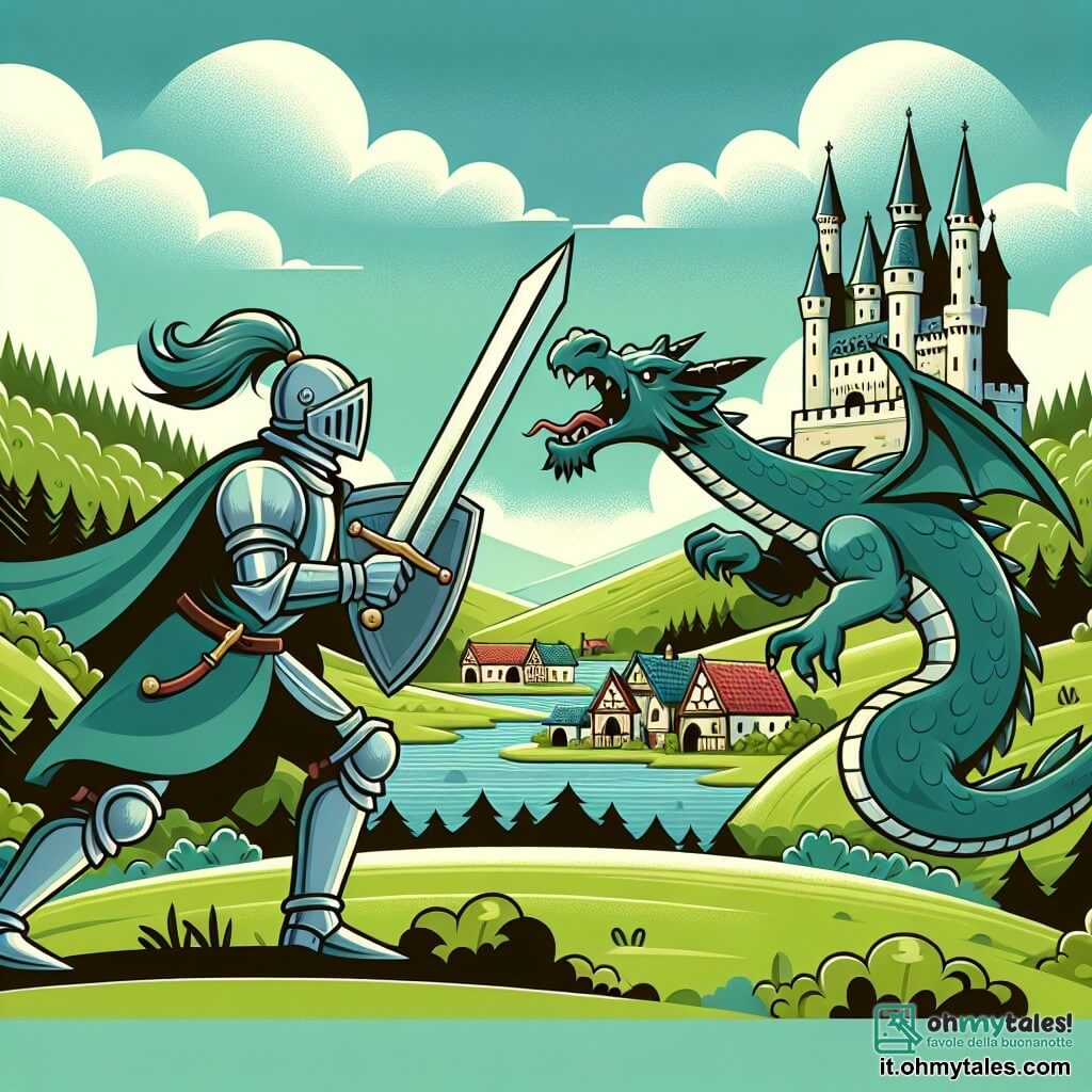 Une illustration destinée aux enfants représentant un vaillant chevalier affrontant un dragon féroce pour protéger un village paisible, avec en arrière-plan un château majestueux entouré de collines verdoyantes et d'une forêt dense.