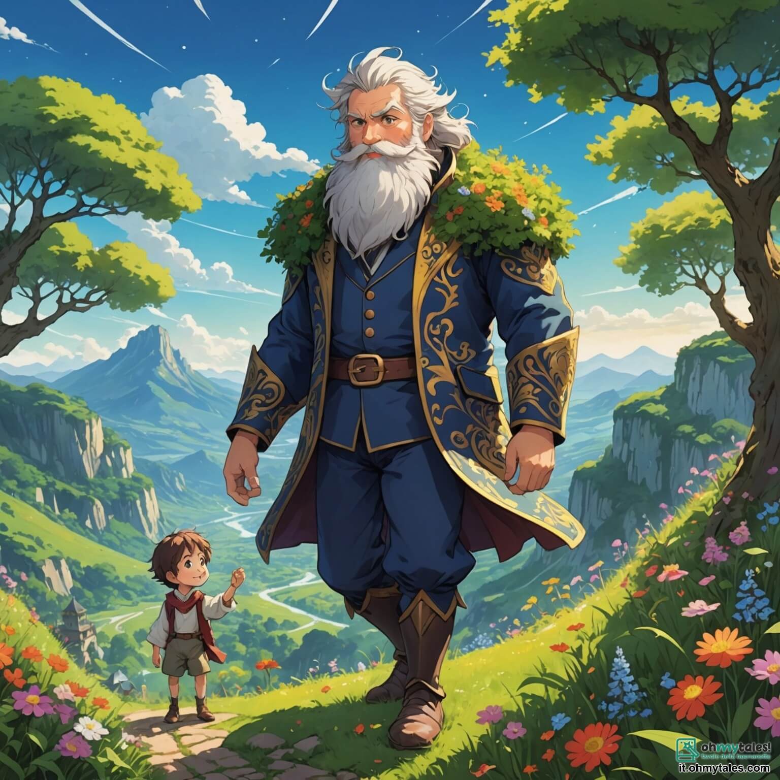 Une illustration destinée aux enfants représentant un géant à la stature imposante, avec une barbe touffue et des yeux pétillants de malice, se tenant au bord d'une vallée enchantée où des fleurs multicolores dansent au rythme du vent, tandis qu'un jeune garçon curieux, aux cheveux ébouriffés et au sourire éclatant, s'aventure à ses côtés, explorant ce monde magique où les arbres gigantesques, aux troncs noueux et aux feuilles scintillantes, forment un plafond naturel au-dessus d'eux.