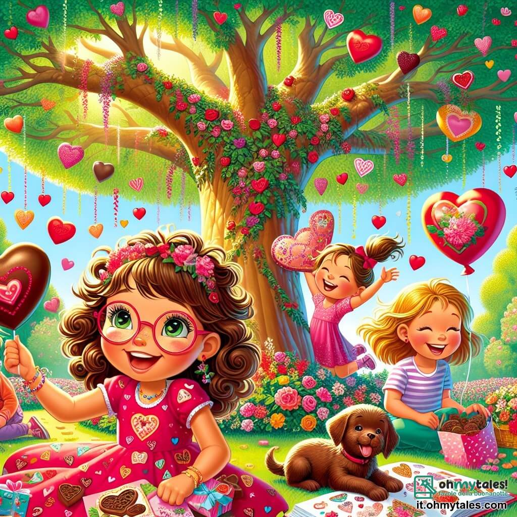 Illustrazione che rappresenta un parco soleggiato, pieno di alberi con foglie verdi brillanti e fiori colorati che danzano nella brezza. Al centro, un grande albero maestoso con un tronco spesso e rami estesi, sotto il quale si trova un gruppo di bambini felici. Ci sono tre ragazze di circa nove anni: una ha capelli ricci e castani, indossa un vestito rosa con motivi a cuore, sorride tenendo un grande cuore di cioccolato; la seconda ha capelli lisci e biondi, con occhiali rotondi, disegna biglietti d'auguri su un quaderno; la terza ha capelli castani legati in coda di cavallo, ride tenendo un pacchetto di biscotti. La scena mostra questi bambini mentre celebrano San Valentino, circondati da palloncini rossi a forma di cuore e festoni colorati. Un adorabile cane Labrador color cioccolato, seduto ai loro piedi, aspetta con impazienza un biscotto. L'atmosfera è festosa e piena di gioia, illustrando lo spirito di amicizia e condivisione di questa giornata speciale.
