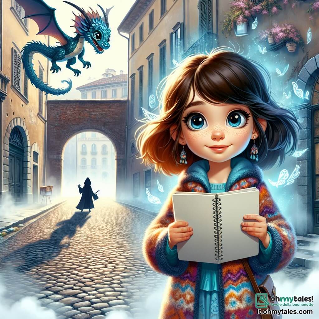 Une illustration sous forme de dessin destinée aux enfants représentant une rue pavée de Turin, enveloppée d'une légère brume, où une fille de 11 ans aux cheveux châtains et aux yeux pétillants, vêtue d'un manteau coloré, tient un taccuino et observe avec émerveillement un petit dragon bleu aux écailles scintillantes, qui vole autour d'elle, alors qu'une ombre menaçante se profile à l'arrière-plan, suggérant une aventure magique imminente dans un monde où le fantastique se mêle à la réalité urbaine.