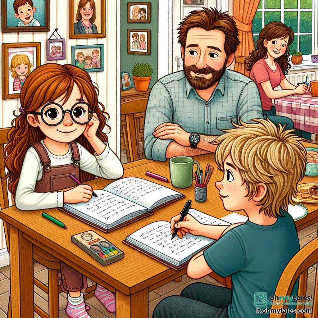 Illustrazione che rappresenta una calorosa sala da pranzo familiare, con un grande tavolo di legno al centro, circondato da sedie colorate. Le pareti sono decorate con foto di famiglia e disegni di bambini, creando un'atmosfera accogliente e gioiosa. 

Al centro dell'immagine, una ragazza di 11 anni, con lunghi capelli castani e occhiali rotondi, è seduta su una sedia, con un quaderno aperto davanti a lei. Ha uno sguardo determinato e sorridente, tenendo una penna in una mano, pronta a scrivere. 

Alla sua destra, un ragazzo di 8 anni, con capelli biondi arruffati e una maglietta blu, la ascolta attentamente, con gli occhi brillanti di interesse. Sembra curioso e un po' preoccupato, come se si chiedesse come esprimere i suoi sentimenti.

A sinistra della ragazza, un uomo di circa quarant'anni, con una barba ben curata e occhiali, sorride guardando i bambini, pronto a incoraggiarli. Accanto a lui, una donna di circa trent'anni, con capelli ricci e un sorriso caloroso, posa una mano sulla spalla di suo figlio, mostrando il suo sostegno.

La scena mostra il momento in cui la famiglia si riunisce per discutere apertamente dei propri sentimenti, con bolle di dialogo colorate intorno a loro, che illustrano pensieri come "Mi sento triste quando..." e "Vorrei che...". La luce morbida del sole filtra attraverso una finestra, aggiungendo un tocco di calore e conforto all'intera illustrazione.